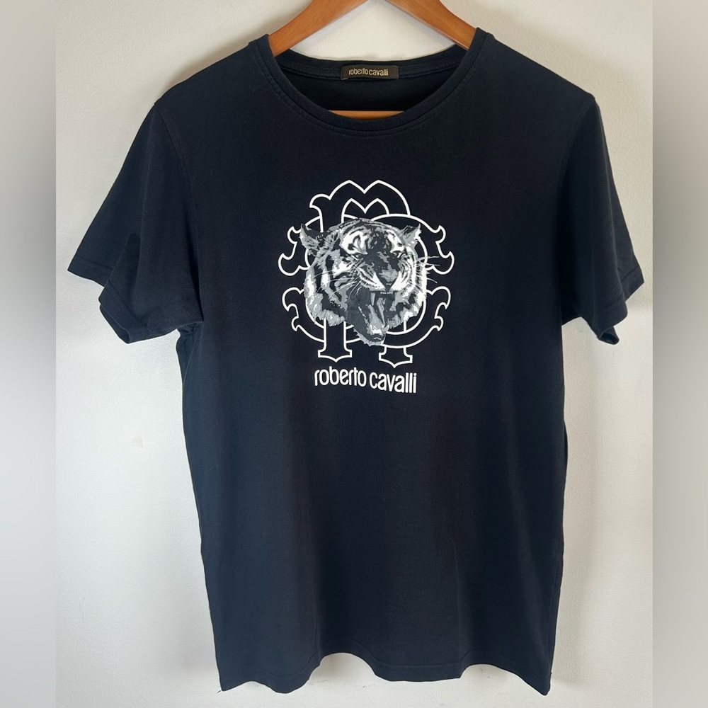 Roberto Cavalli Women’s Black T-shirt Tiger Logo Graphic MSRP $195US EUC